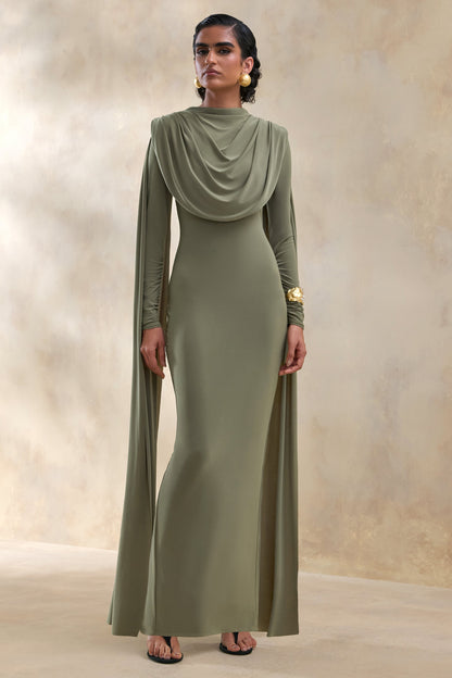 Lysoria | Vestido Largo oliva de cuello alto con detalles drapeados y mangas tipo capa