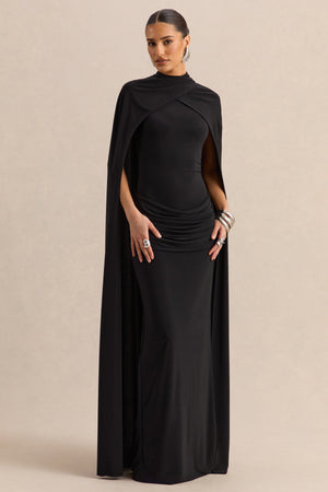 Dianelle | Negro Cuello Alto Vestido Largo con Mangas Capa