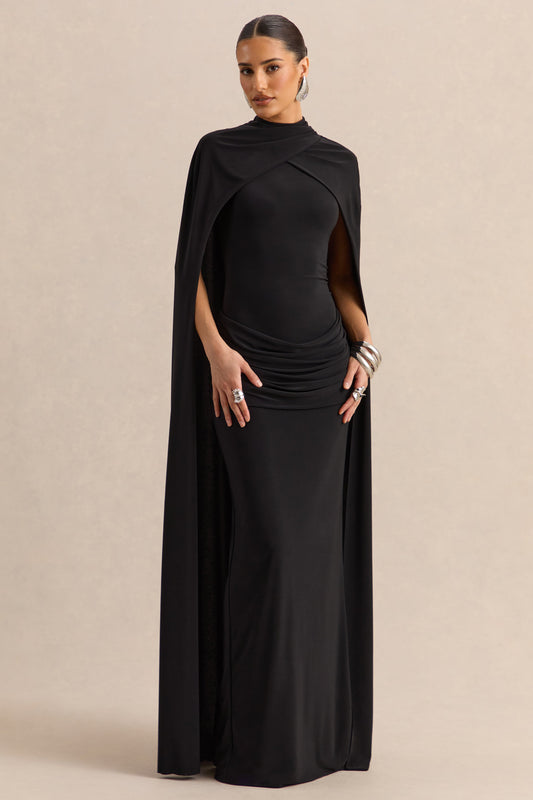 Dianelle | Negro Cuello Alto Vestido Largo con Mangas Capa