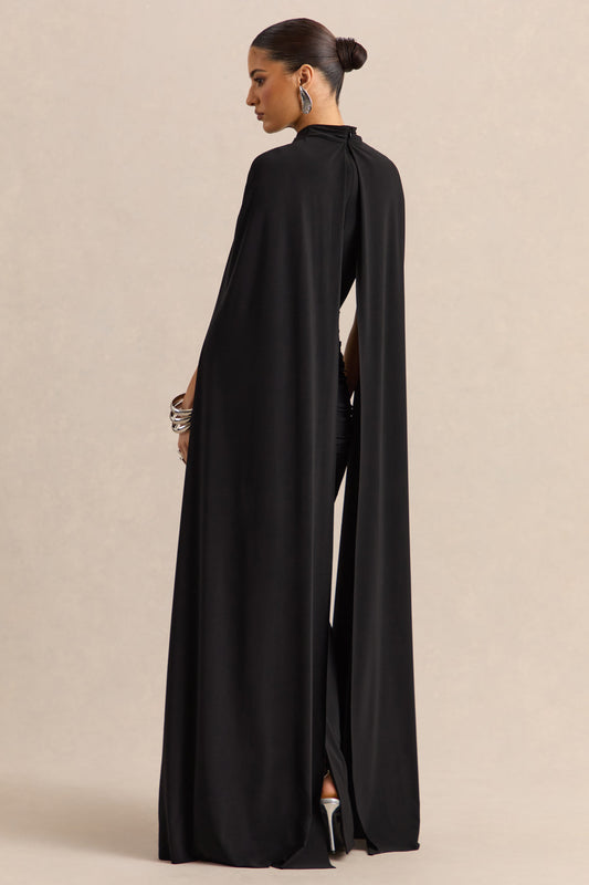 Dianelle | Negro Cuello Alto Vestido Largo con Mangas Capa