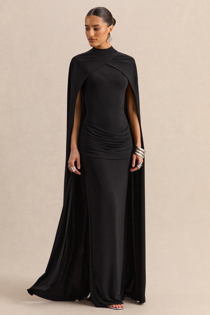 Dianelle | Negro Cuello Alto Vestido Largo con Mangas Capa