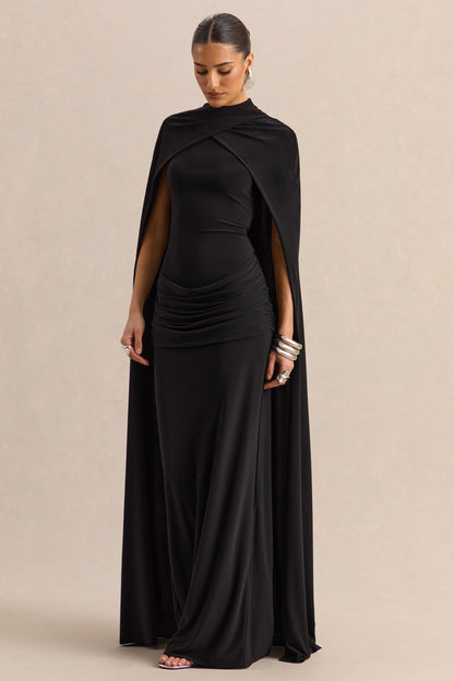 Dianelle | Negro Cuello Alto Vestido Largo con Mangas Capa