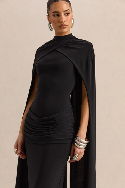 Dianelle | Negro Cuello Alto Vestido Largo con Mangas Capa