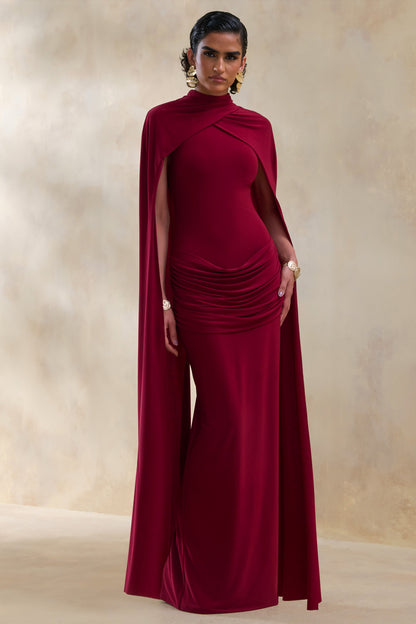 Dianelle | Berry Cuello Alto Vestido Largo con Mangas Capa