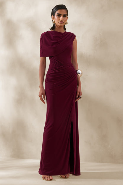 Palomara | Vestido Largo Burgundy De Jersey Con Escote Redondo Y Detalle De Fajín