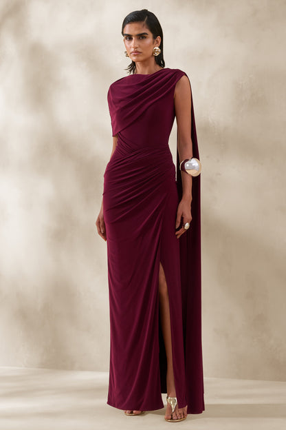Palomara | Vestido Largo Burgundy De Jersey Con Escote Redondo Y Detalle De Fajín