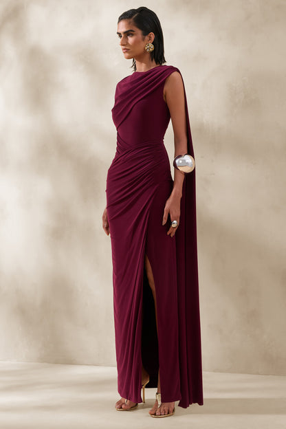 Palomara | Vestido Largo Burgundy De Jersey Con Escote Redondo Y Detalle De Fajín