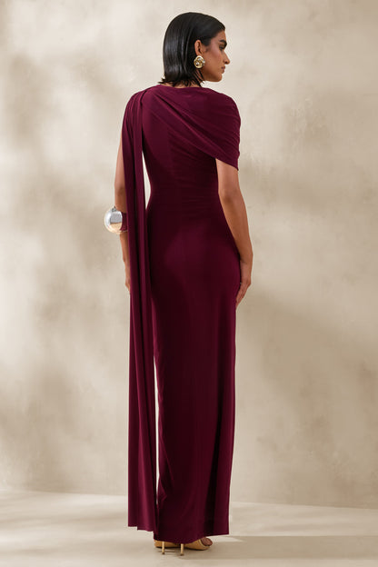 Palomara | Vestido Largo Burgundy De Jersey Con Escote Redondo Y Detalle De Fajín