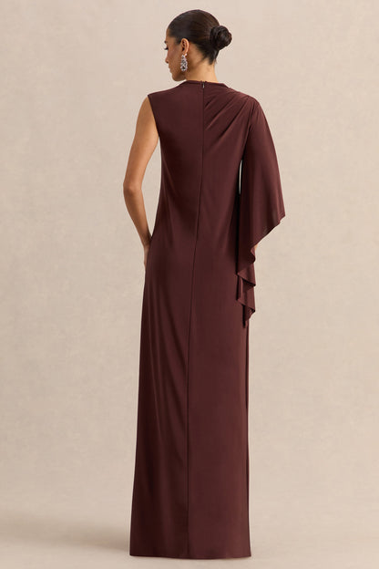 Marosia | Vestido Largo Marrón De Cuello Alto Con Manga Capa