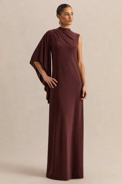 Marosia | Vestido Largo Marrón De Cuello Alto Con Manga Capa