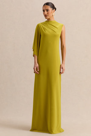 Marosia | Vestido Largo Verde Oliva De Cuello Alto Con Manga Capa