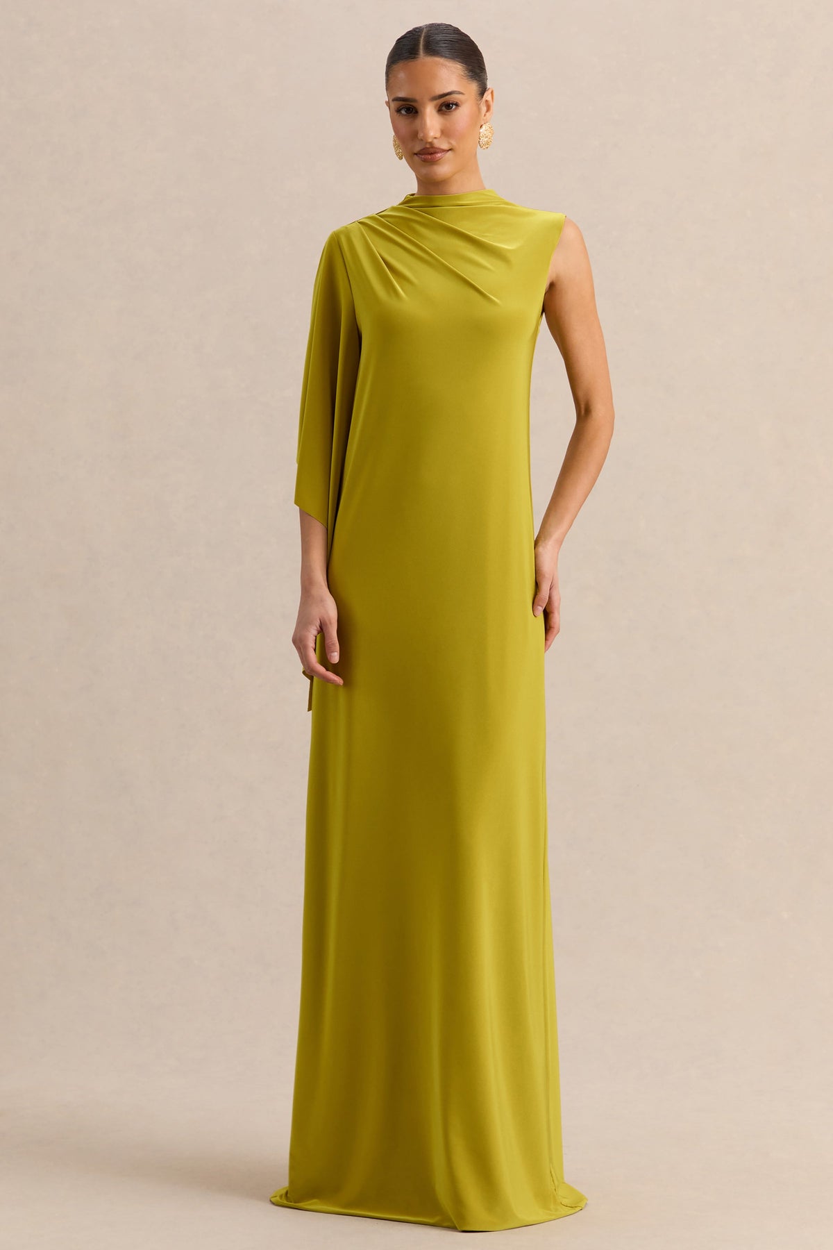 Marosia | Vestido Largo Verde Oliva De Cuello Alto Con Manga Capa