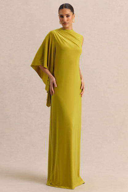 Marosia | Vestido Largo Verde Oliva De Cuello Alto Con Manga Capa
