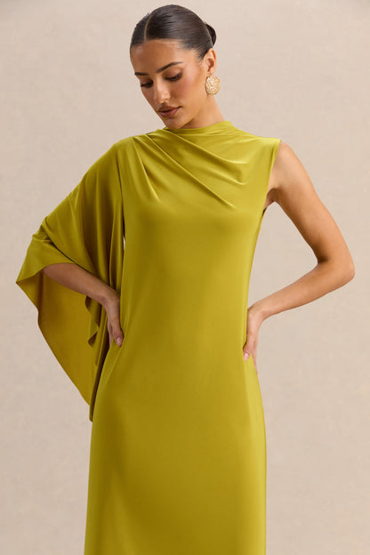 Marosia | Vestido Largo Verde Oliva De Cuello Alto Con Manga Capa
