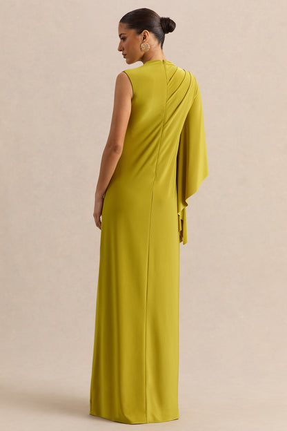 Marosia | Vestido Largo Verde Oliva De Cuello Alto Con Manga Capa