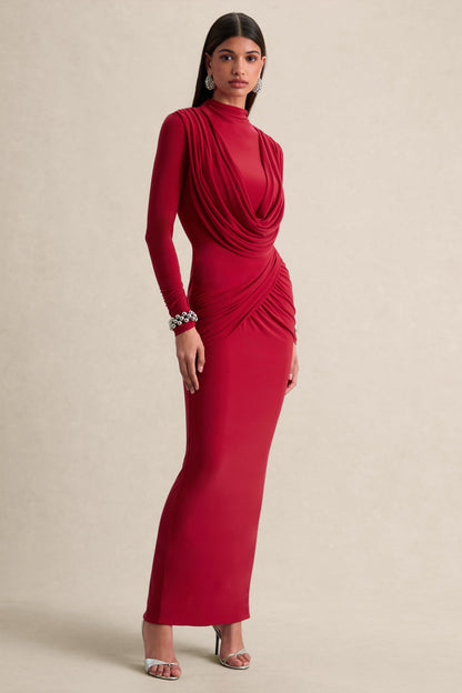 Karinthia | Rojo Cuello Alto Vestido Largo con Detalle Drapeado