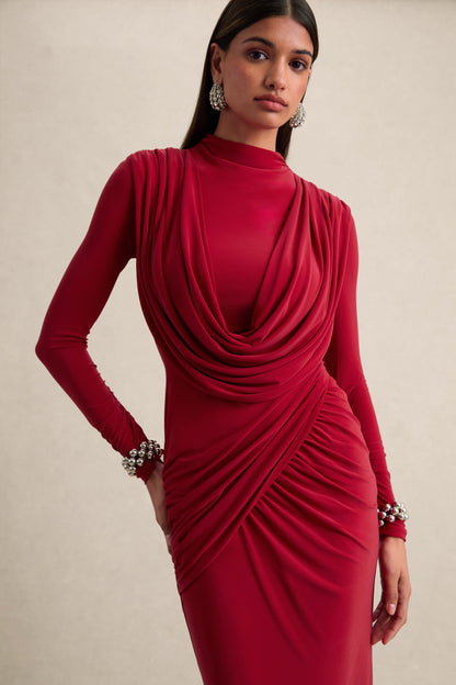 Karinthia | Rojo Cuello Alto Vestido Largo con Detalle Drapeado