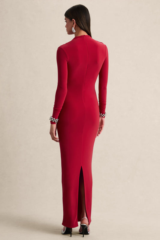 Karinthia | Rojo Cuello Alto Vestido Largo con Detalle Drapeado