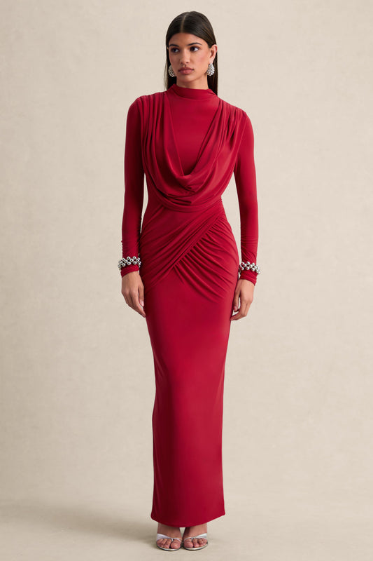 Karinthia | Rojo Cuello Alto Vestido Largo con Detalle Drapeado