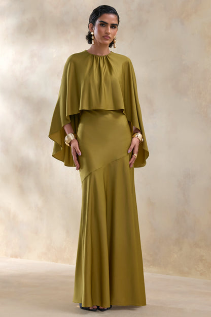 Vanthea | Vestido Largo Oliva Con Escote Redondo Y Mangas Capa