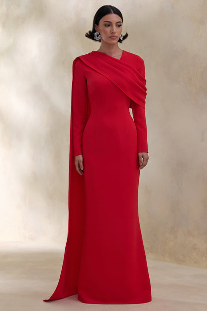 Heliora | Vestido Largo Rojo Con Escote En V, Banda Y Detalles Drapeados