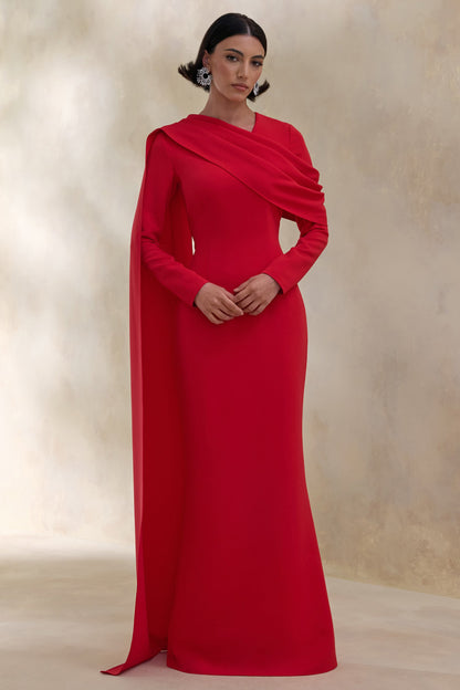 Heliora | Vestido Largo Rojo Con Escote En V, Banda Y Detalles Drapeados