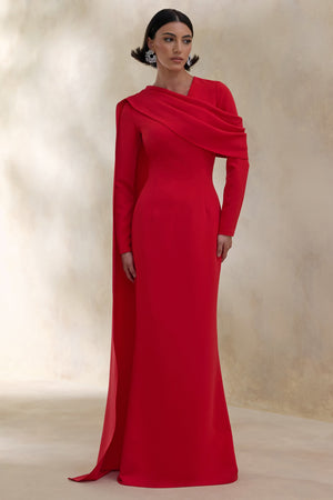 Heliora | Vestido Largo Rojo Con Escote En V, Banda Y Detalles Drapeados