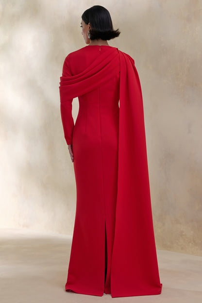 Heliora | Vestido Largo Rojo Con Escote En V, Banda Y Detalles Drapeados