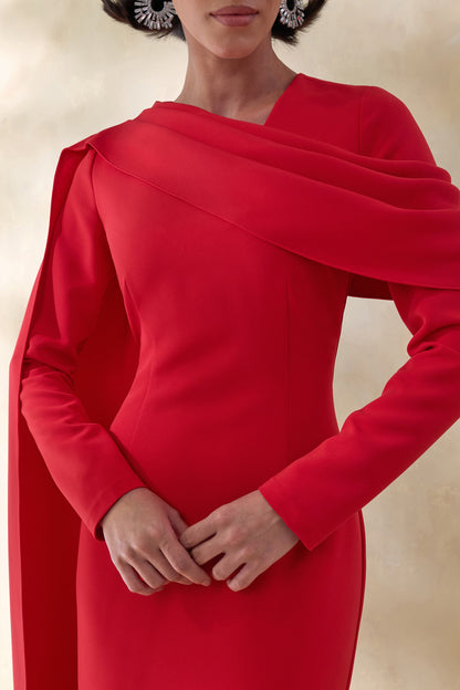 Heliora | Vestido Largo Rojo Con Escote En V, Banda Y Detalles Drapeados