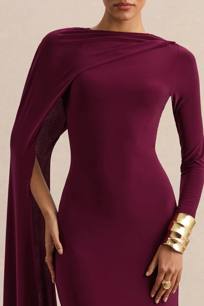 Halina | Burdeos Cuello Alto Vestido Largo con Manga Capa