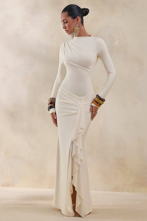 Karessa | Vestido Largo color crema de cuello alto con detalle fruncido y abertura frontal alta