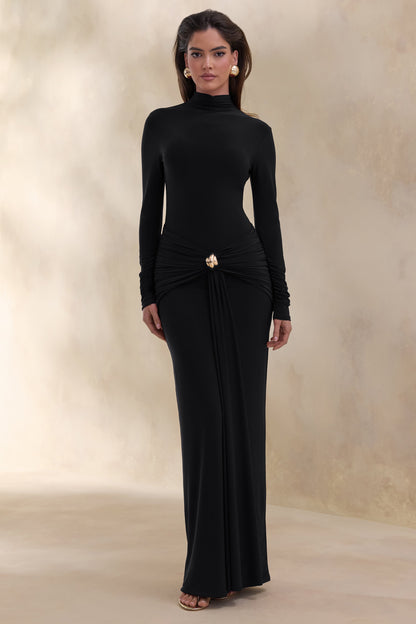 Ambrette | Vestido Largo Negro Con Escote Alto, Detalle Dorado Y Fruncidos