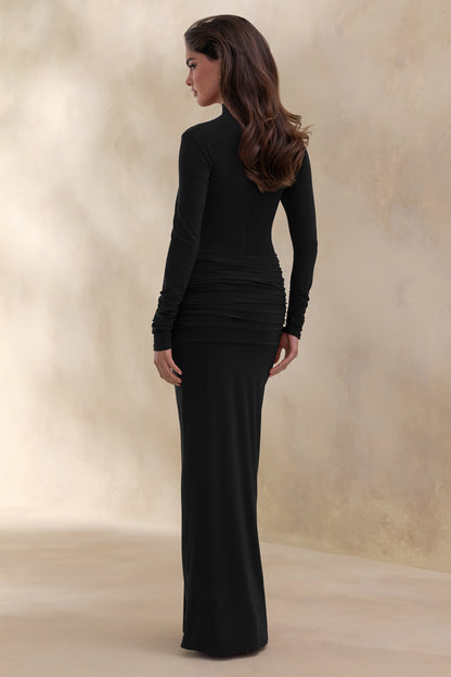 Ambrette | Vestido Largo Negro Con Escote Alto, Detalle Dorado Y Fruncidos