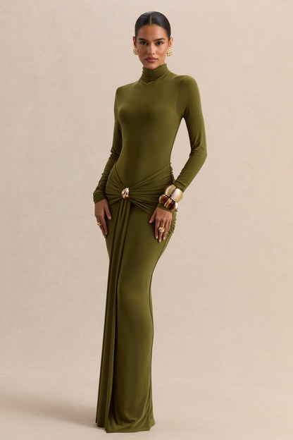 Ambrette | Vestido largo de cuello alto en color verde oliva con detalles fruncidos