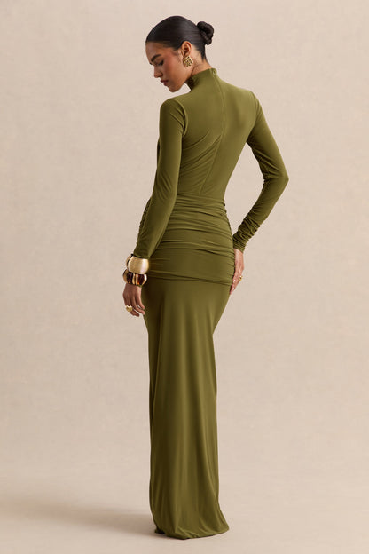 Ambrette | Vestido largo de cuello alto en color verde oliva con detalles fruncidos