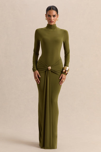 Ambrette | Vestido largo de cuello alto en color verde oliva con detalles fruncidos