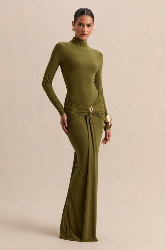 Ambrette | Vestido largo de cuello alto en color verde oliva con detalles fruncidos