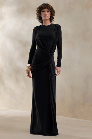 Desirelle | Vestido Largo negro de cuello redondo con detalle fruncido