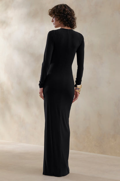 Desirelle | Vestido Largo negro de cuello redondo con detalle fruncido