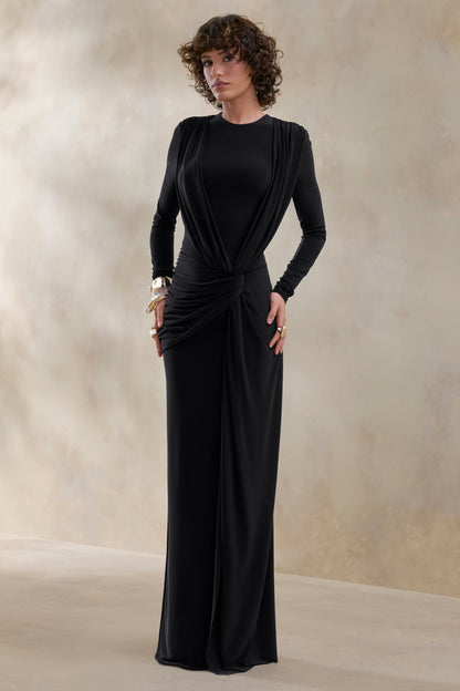 Desirelle | Vestido Largo negro de cuello redondo con detalle fruncido