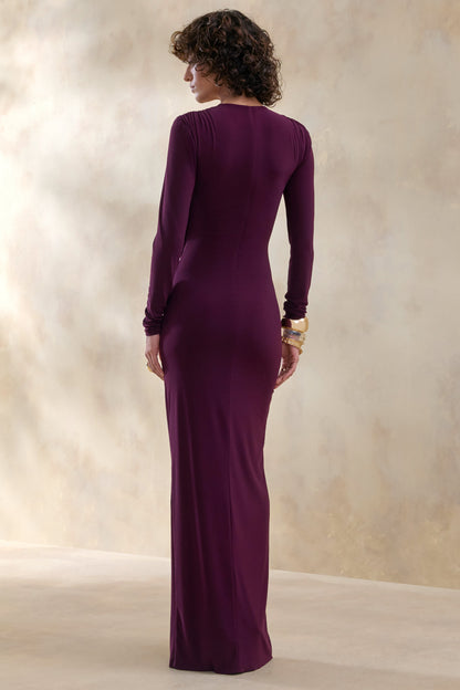 Desirelle | Vestido Largo color ciruela de cuello redondo con detalle fruncido