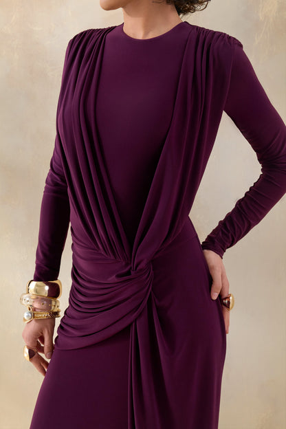 Desirelle | Vestido Largo color ciruela de cuello redondo con detalle fruncido