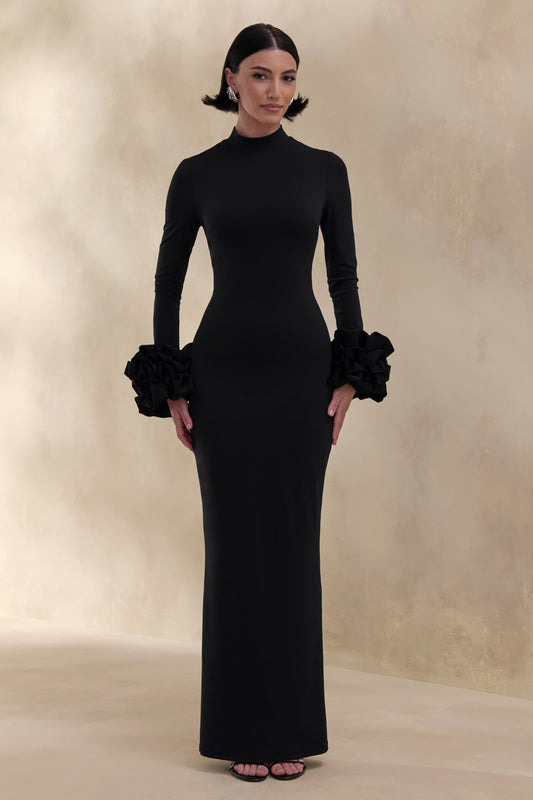 Jaselle | Vestido Largo Negro Con Escote Alto Y Puños De Satén Con Volantes