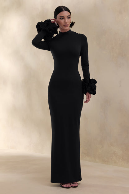 Jaselle | Vestido Largo Negro Con Escote Alto Y Puños De Satén Con Volantes