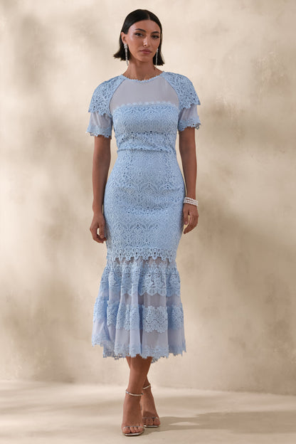 Leanne | Vestido Midi Azul Empolvado Con Detalles De Encaje Y Bajo Sirena