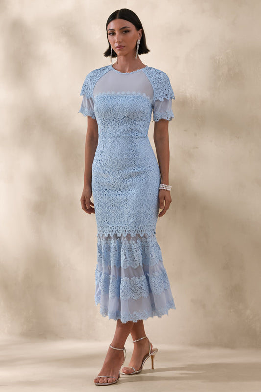 Leanne | Vestido Midi Azul Empolvado Con Detalles De Encaje Y Bajo Sirena