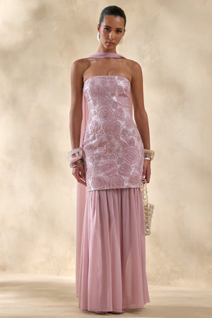 Meraly | Vestido Largo Rosa de Lentejuelas Bandeau con Detalle de Pañuelo