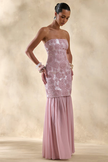 Meraly | Vestido Largo Rosa de Lentejuelas Bandeau con Detalle de Pañuelo