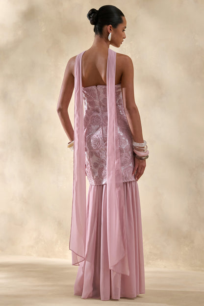 Meraly | Vestido Largo Rosa de Lentejuelas Bandeau con Detalle de Pañuelo