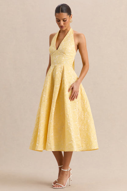 Nyomi | Vestido Midi Limón de Satén de Escote Halter